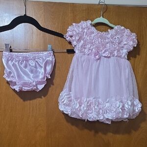 Pink Satin Rosette Dress With Baby Bloomers